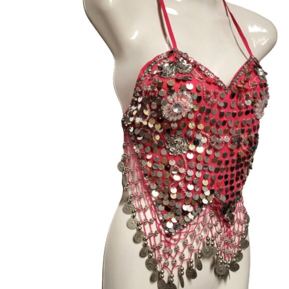 Pink Sequin Halter Crop Top Silver Sequin Backless Belly Dancing Tops NEW - Picture 6 of 11